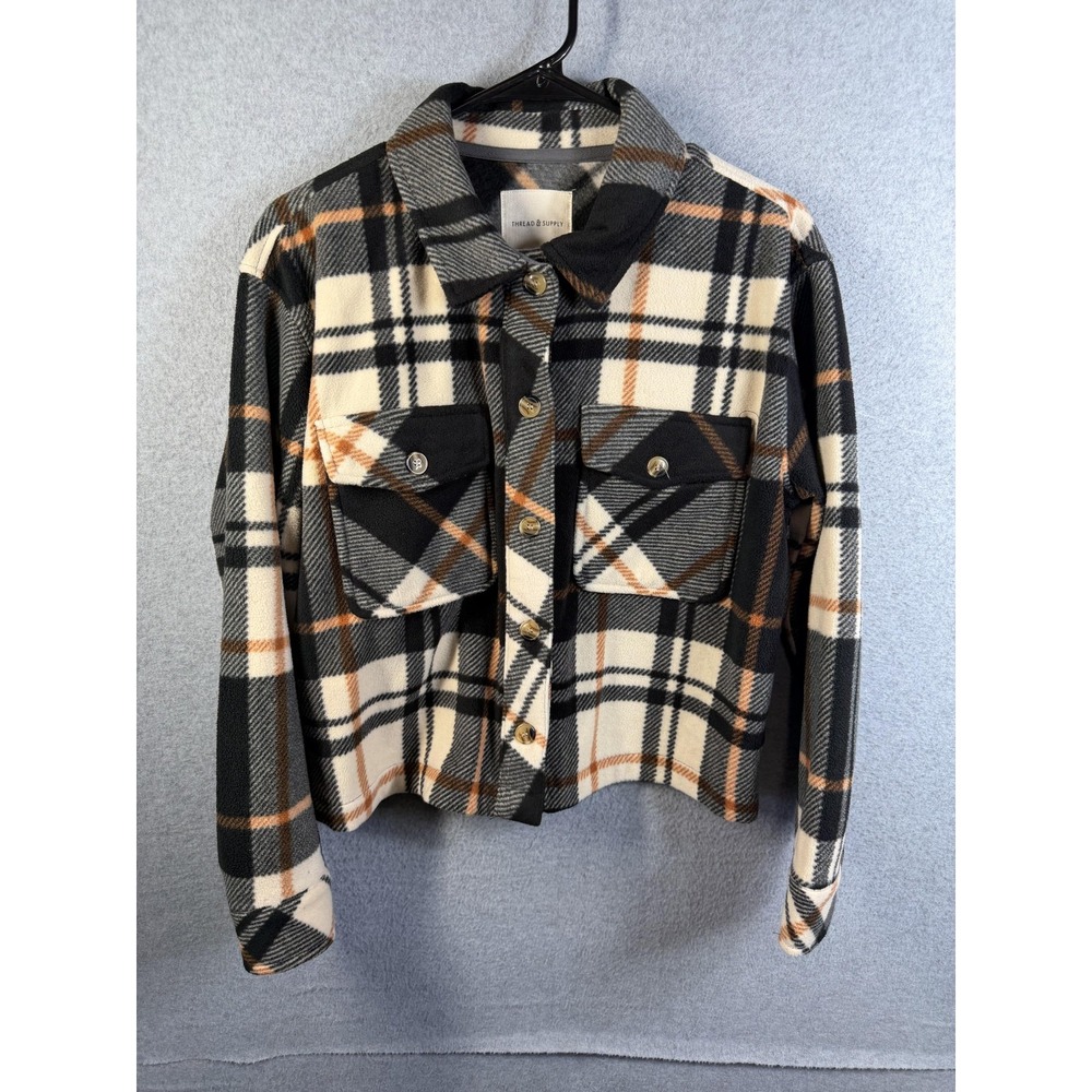 Thread & Supply Jacket Womens Small Black Copper Plaid Fleece Button Up Cropped